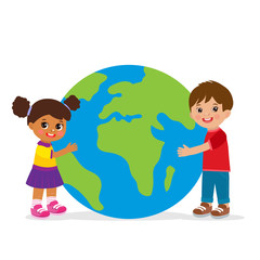 Illustration Of Multicultural Boy And Girl Hugging The Globe. Funny Cartoon Character. Vector Illustration. Isolated On White Background.
