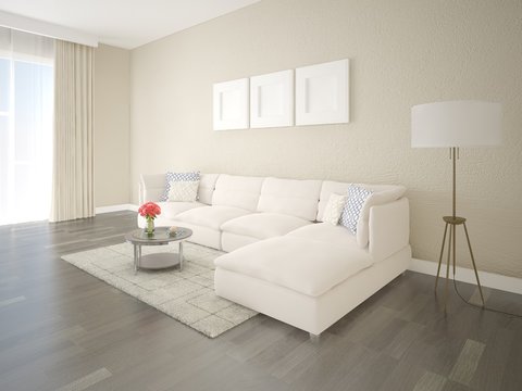  Mock up modern living room with a bright corner sofa and beige decorative plaster.