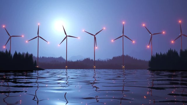 Offshore Wind turbines farm producing electricity from the force of a wind. 4KHD