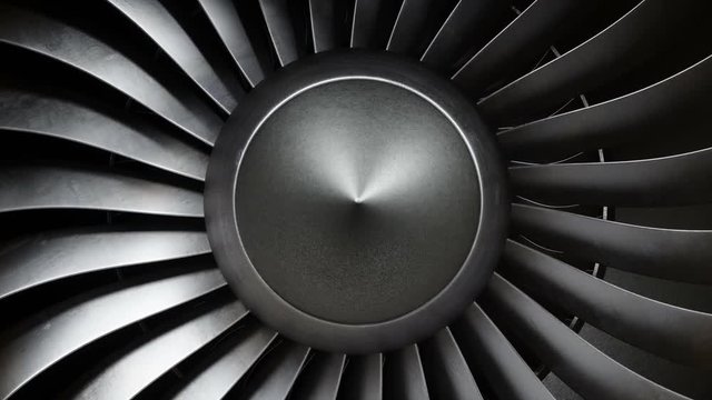 Animation jet engine, close-up view jet engine blades. Front view of a jet engine and blades. Animation of rotating blades of the turbojet. Part of the airplane. Loop able, seamless 4k animation