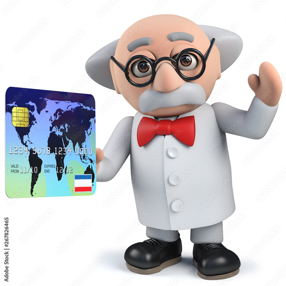 Sticker 3d mad scientist character holding a credit card