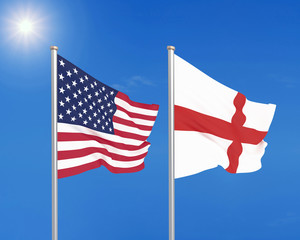 United States of America vs England. Thick colored silky flags of America and England. 3D illustration on sky background. - Illustration