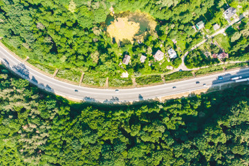 overhead view of highway near village