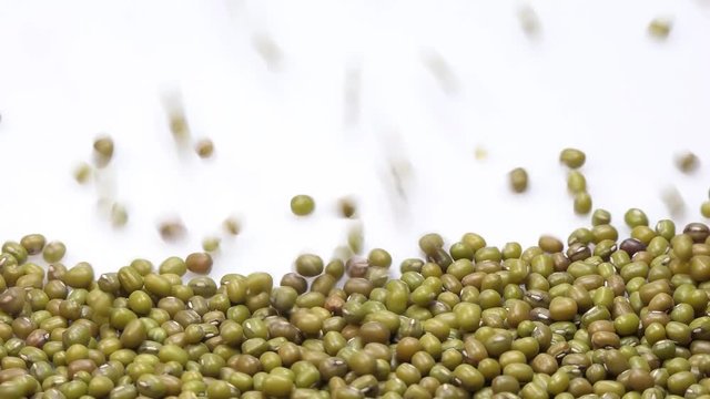mung or mungo bean on white background falling from top and filling up frame.