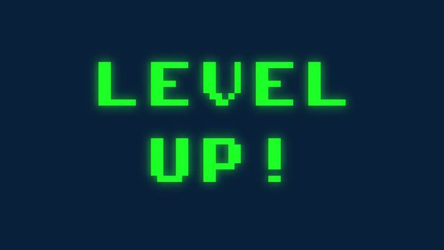 A text message screen: Level up. Digital glitch artifacts, green 8-bit font, blue background.
