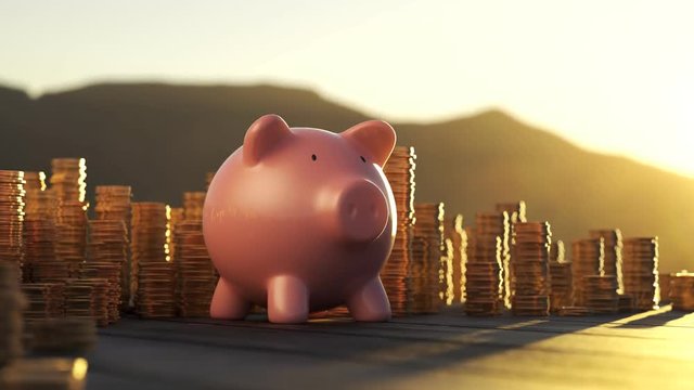 Ceramic piggy bank surrounded by stacks of golden coins during sunset. 4KHD