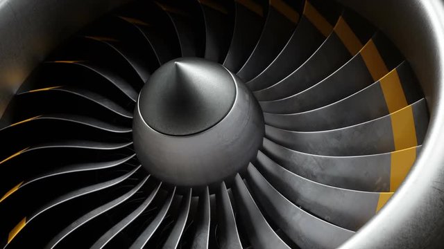 Animation jet engine, close-up view jet engine blades. Front view of a jet engine and blades. Animation of rotating blades of the turbojet. Part of the airplane. Loop able, seamless 4k animation