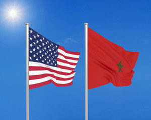 United States of America vs Morocco. Thick colored silky flags of America and Morocco. 3D illustration on sky background. - Illustration