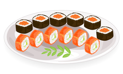 Color picture. Refined dishes of Japanese national cuisine. On a beautifully served dish are seafood, sushi, rolls, caviar, rice, herbs. Festive treat. Vector illustration