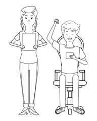 Millennial couple cartoon in black and white