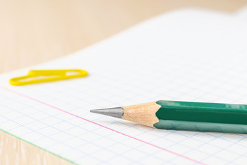 The concept of preparation for school. Slate pencil closeup on notebook sheet in a cage. Background image for training topics, school lessons. Place for text.
