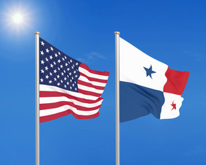 United States of America vs Panama. Thick colored silky flags of America and Panama. 3D illustration on sky background. - Illustration