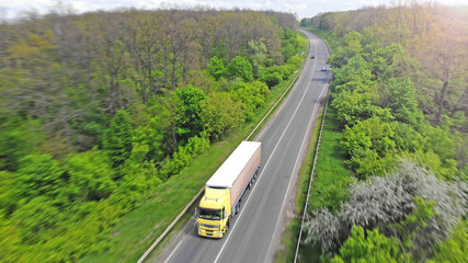 Transport logistics. Cargo delivery. Truck on intercity highway. Green forest between road.