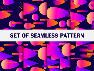 Gradient geometric shapes seamless patterns. Cover design with colorful liquid objects. Vector illustration
