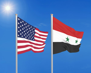 United States of America vs Syria. Thick colored silky flags of America and Syria. 3D illustration on sky background. - Illustration