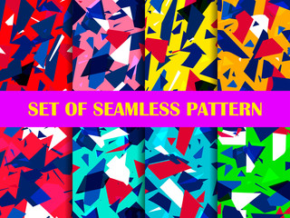 Glass explosion seamless pattern set. Broken particles. Colorful scatters of particles. Geometric shapes. Vector illustration