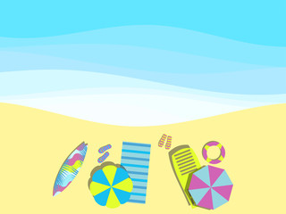 Fototapeta na wymiar Beach, seashore with waves. Chaise lounge with umbrella, surfboard. View from above. Bedspread with flip flops. Vector illustration