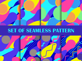 Fototapeta premium Abstract geometric seamless pattern set in the memphis style of the 80s. Background for wrapping paper, print, fabric and printing. Vector illustration