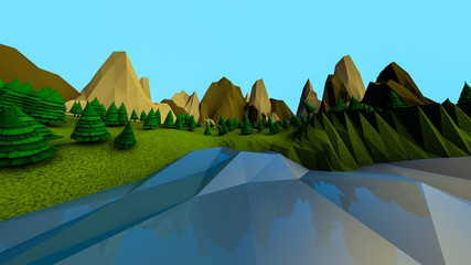 Low poly landscape with Christmas trees. 3d render illustration