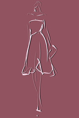 Fashion sketch. Elegant young woman, model. Female silhouette in dress  