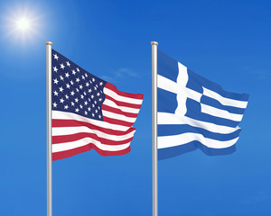 Obraz premium United States of America vs Greece. Thick colored silky flags of America and Greece. 3D illustration on sky background. - Illustration