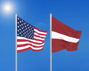 United States of America vs Latvia. Thick colored silky flags of America and Latvia. 3D illustration on sky background. - Illustration