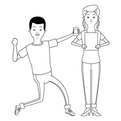 Millennial couple cartoon in black and white
