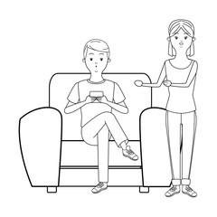 Millennial couple cartoon in black and white