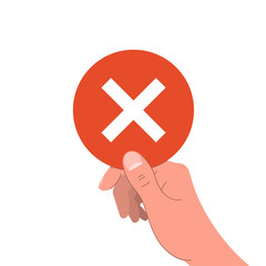 Obraz premium Cross mark in hand. Hand holding sign with red cross mark. Vector illustration in flat style