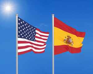 United States of America vs Spain. Thick colored silky flags of America and Spain. 3D illustration on sky background. - Illustration