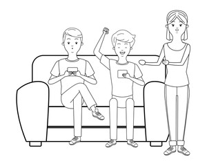 Millennials and smartphones cartoons in black and white