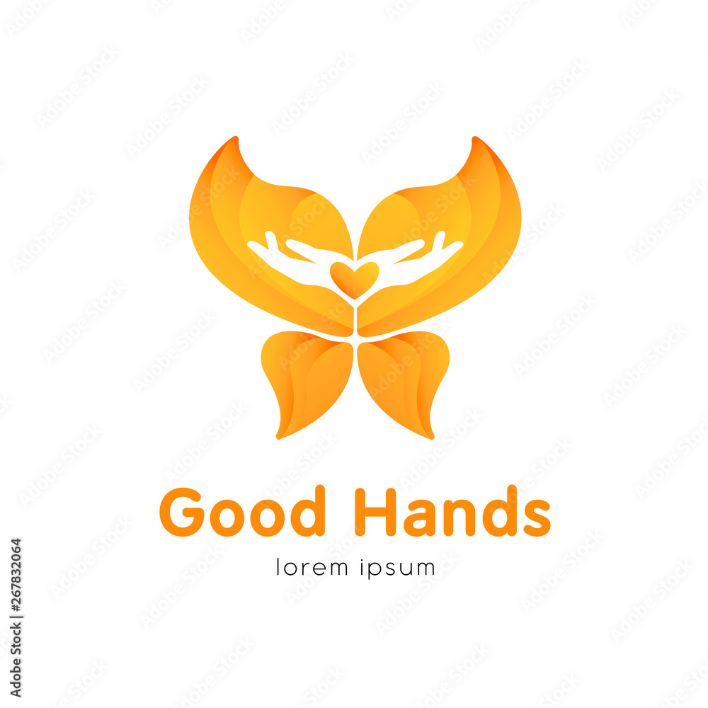 Poster good hands logo design template with butterfly. isolated drawing for use as an icon, logo, identity,