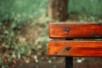 Bright brown wooden planks from the top part of a bench in the park during day time with blurry background– Rough and old textured surface with small metallic rivets in it