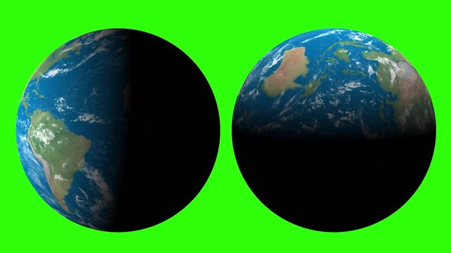 24 hour or 1 day of World, Planet earth on green screen. Rotating world and shadow is changing day time to night time. 