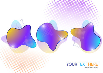 Bright colored abstract dynamic liquid forms, halftone patterns, liquid color on a white background.