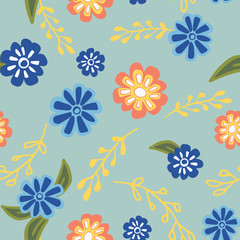 Fototapeta na wymiar Colorful tropical floral seamless pattern with flowers, fern and leaf shapes. Color palette is great for spring and summer fashion, textiles, beachwear, swim, home decor and gift swapping paper.