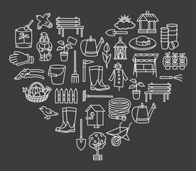 Garden icon tool sale banner set in heart