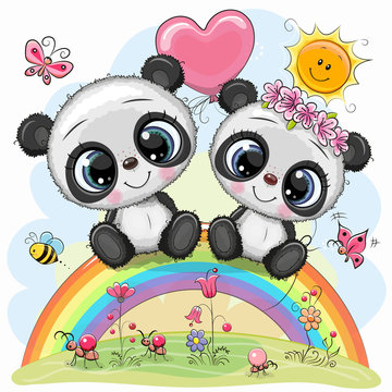 Cartoon Pandas are sitting on the rainbow