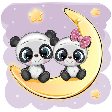 Two cartoon Pandas are sitting on the moon