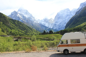 camping bus in log pod mangartom, beautiful scenery, Slowenia, Europe near Triglav National Park