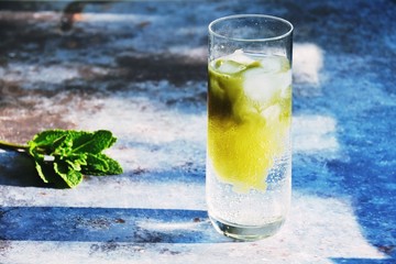 Matcha tonic water drink. Iced matcha tonic drink