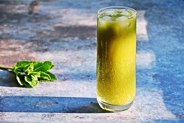 Matcha tonic water drink. Iced matcha tonic drink