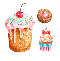 Watercolor desserts set. Hand painted sweets and treats- cake, caupcake and cookie, isolated on white background.