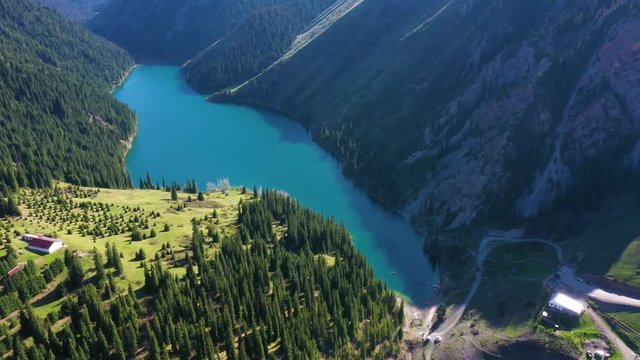 Aerial view of Kolsay Lake in Kolsay Lakes National Park, Almaty Region, Kazakhstan