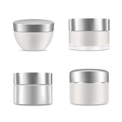 White blank realistic cream containers set. Mockup, cosmetic package, jar vector illustration