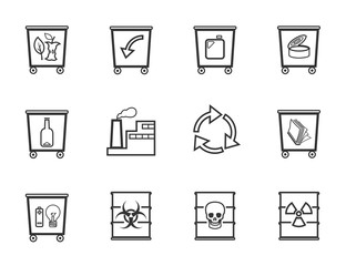 Waste, flat icons, unicolor, slim silhouette, vector. Garbage collection, different types of waste. Gray, flat icons on white background. Outline drawing. 