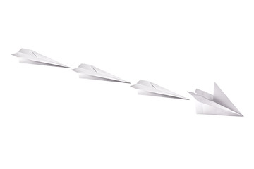 Paper airplanes flying on isolated white background being led by a better airplane. concept of leadership and creativity.