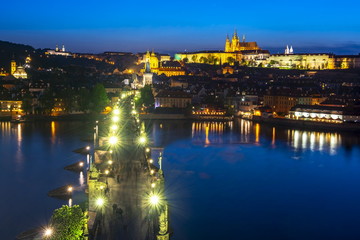 Fototapeta na wymiar Prague cityscape with Charles bridge, Vltava river and Prague castle at night, Czech Republic