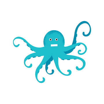 Cute cartoon blue octopus drawing. Funny smiling octopus character vector illustration. Emoji. Close mouth Face