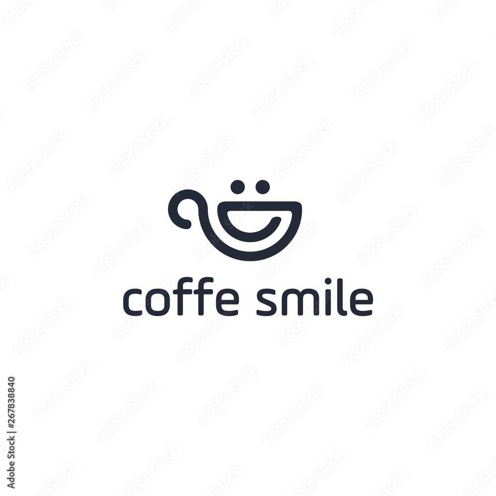Poster vector coffee smile or cup of tea drawn by single continuous line. one global color